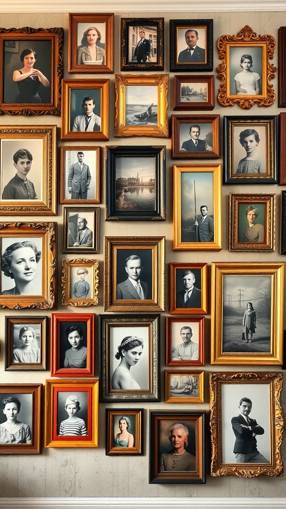 A gallery wall filled with vintage frames and black and white photographs.