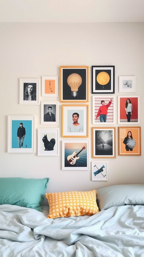 A gallery wall featuring various framed prints, including portraits, abstract art, and photographs, arranged creatively above a bed with colorful pillows.