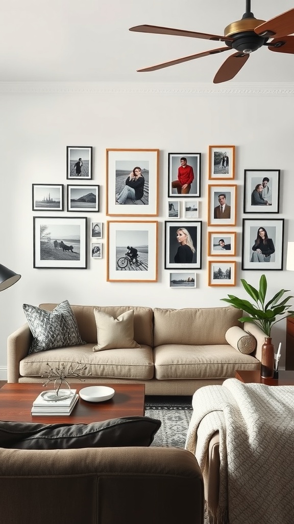 A cozy living room with a gallery wall featuring black and white framed photos.