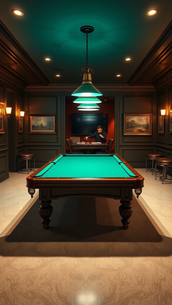 Elegant game room with a pool table, stylish lighting, and cozy seating.