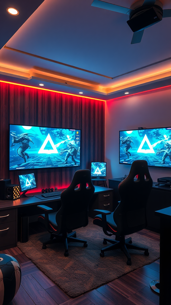 A colorful gaming setup featuring multiple monitors, gaming chairs, and dynamic lighting.