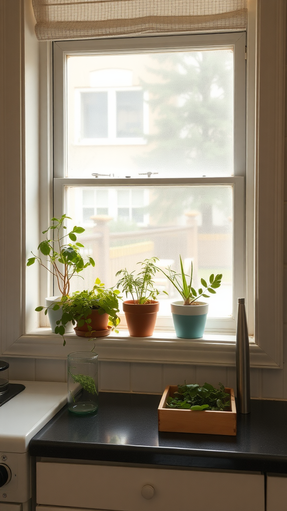 A cozy kitchen window with various potted herbs displayed on the sill.