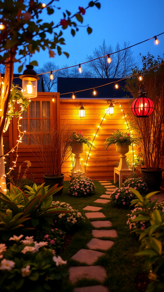 A beautifully lit garden pathway with string lights and lanterns at dusk.