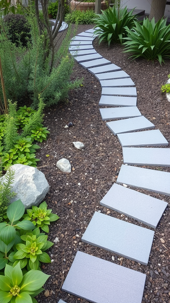 A winding garden pathway made of gray pavers surrounded by green plants and rocks.