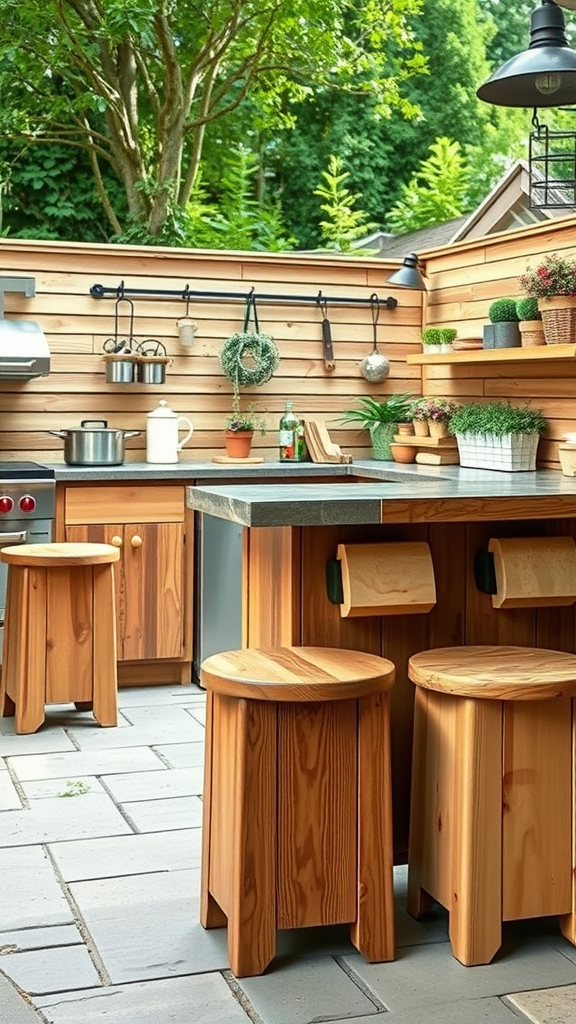 Outdoor kitchen featuring wooden garden stools and a rustic style.