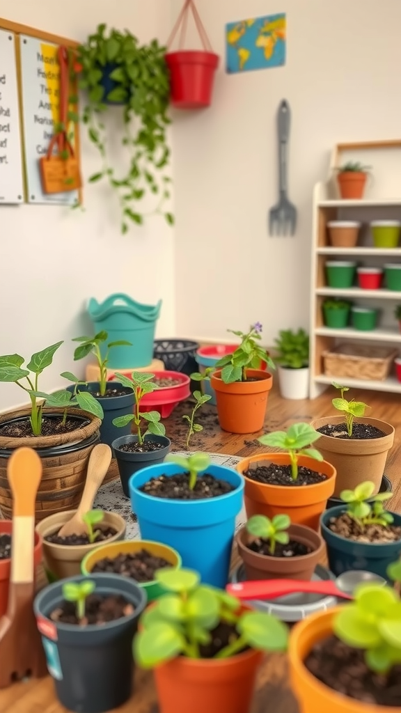 Colorful potted plants arranged in a cozy indoor gardening station for kids.