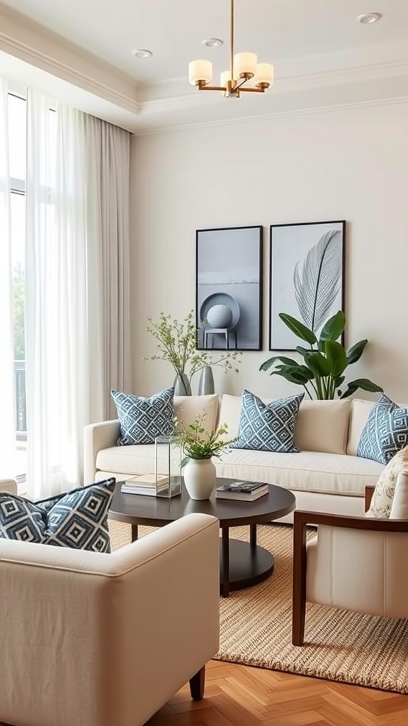 A bright living room with geometric blue patterned cushions and a white sofa.