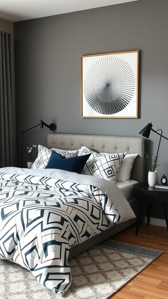 Aesthetic men's bedroom featuring geometric patterned bedding and decor.