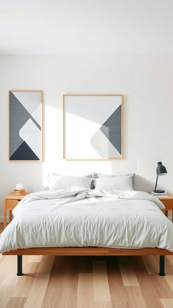 Minimalist bedroom with geometric patterned wall art