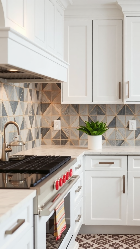 A modern kitchen featuring a geometric tile backsplash with a mix of colors and patterns.