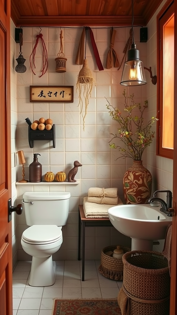 A warm-toned bathroom featuring ginger jars and rustic decor elements.