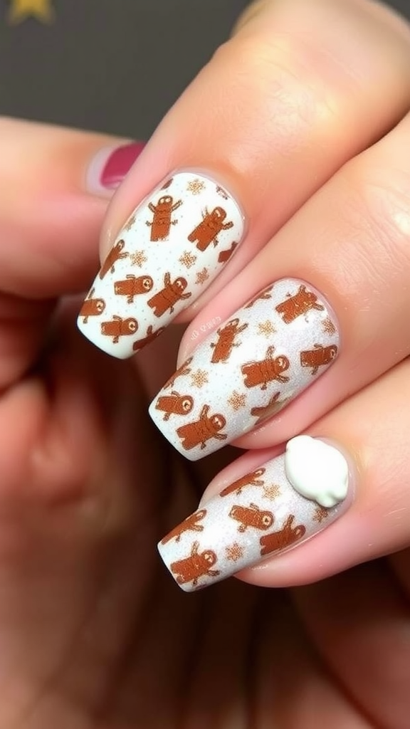 Nail art featuring gingerbread cookies and festive designs.