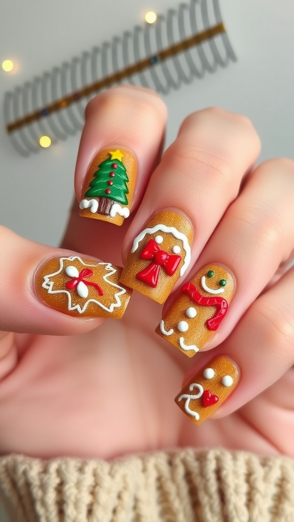 Colorful gingerbread cookie nail designs featuring cheerful gingerbread men.