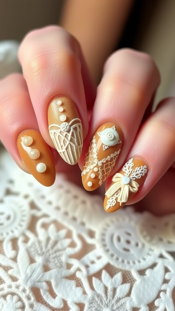 Nail art featuring gingerbread-inspired designs with lace and ribbons.