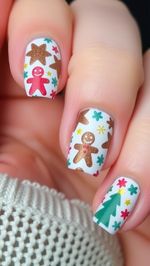 Nail art featuring gingerbread men, stars, trees, and colorful flowers.