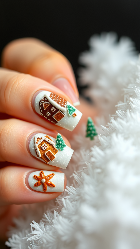 Nail art featuring a gingerbread village with houses and trees