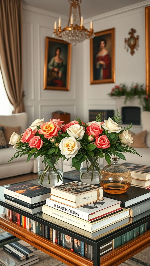 A beautifully arranged coffee table with roses and books in a stylish living room.