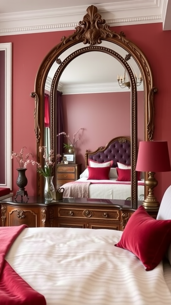 Luxurious burgundy bedroom with ornate mirror and elegant decor