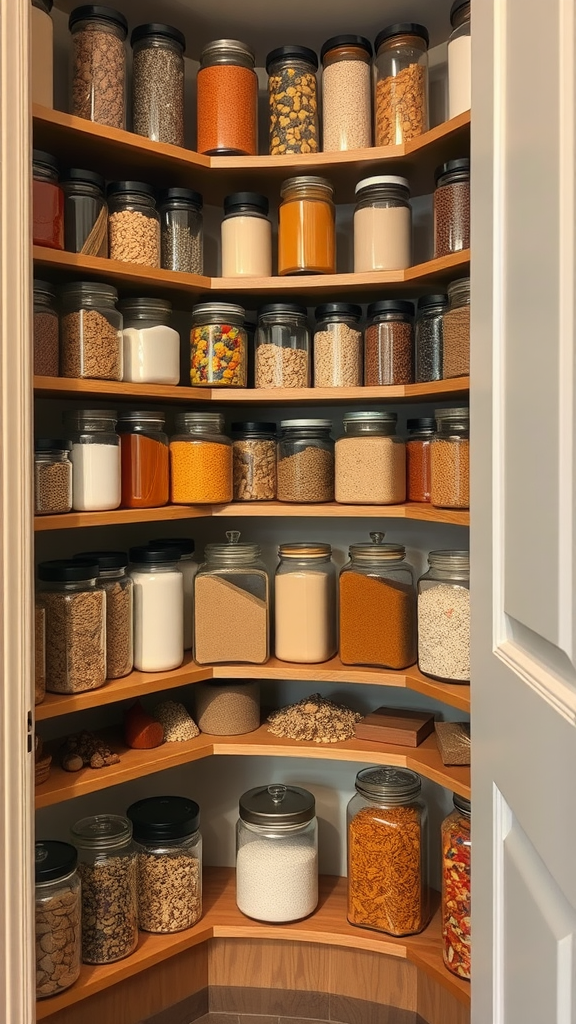 Corner kitchen pantry filled with neatly arranged glass jars containing various food items.