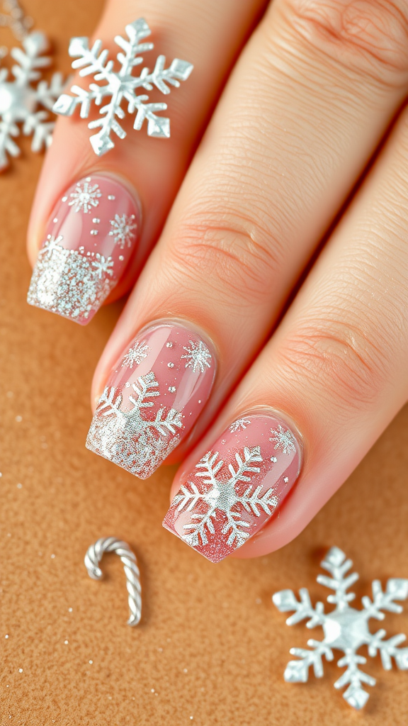 Glittery gingerbread snowflakes on nails and table