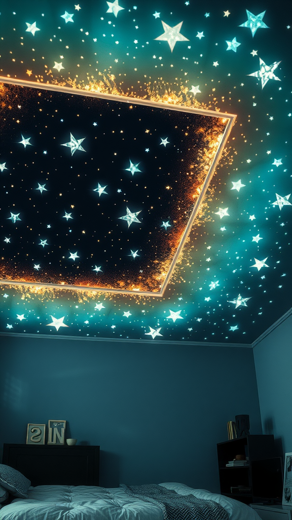 Ceiling decorated with glow-in-the-dark stars against a dark background.