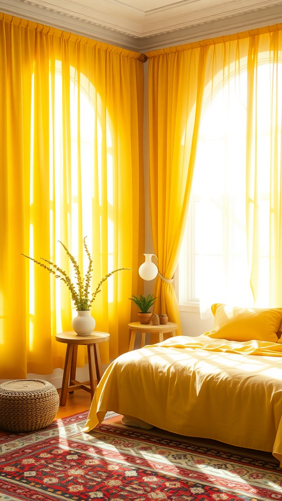 A bright and inviting room with golden-hued curtains draping over large windows, complemented by a cozy bed and decorative plants.