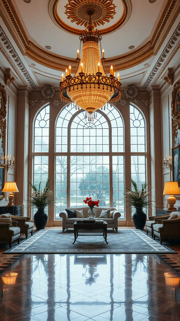 A grand living room featuring a large chandelier, elegant furniture, and classic decor.