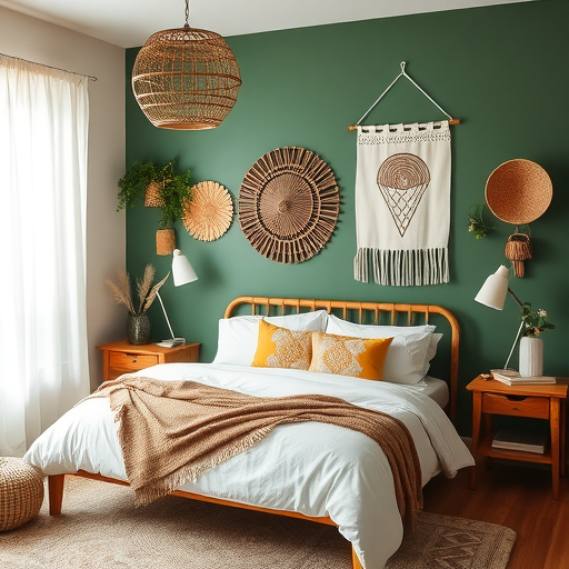 A cozy bedroom featuring a green accent wall with rattan decor elements