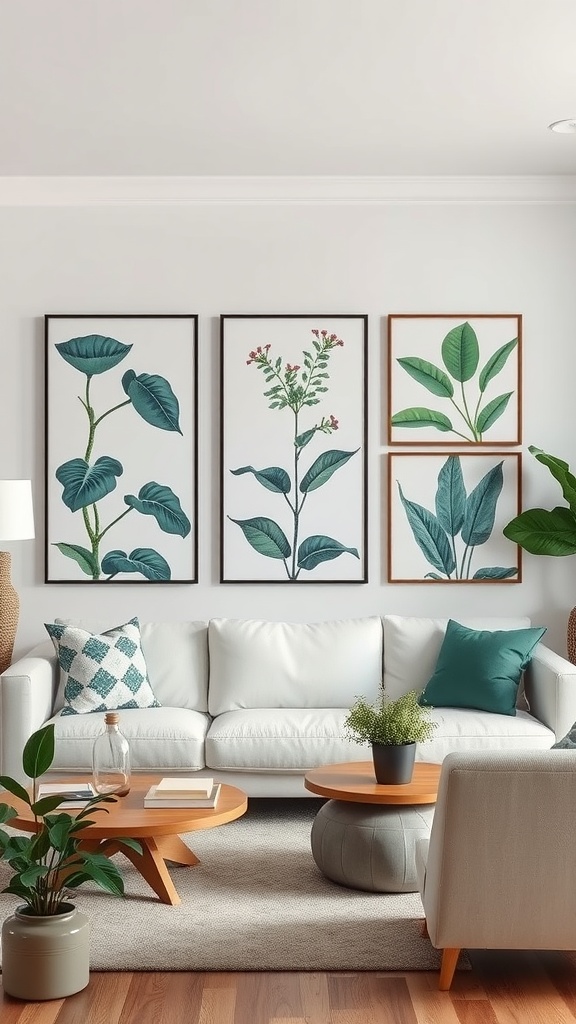 A cozy living room featuring green botanical wall art with plants in decorative frames.