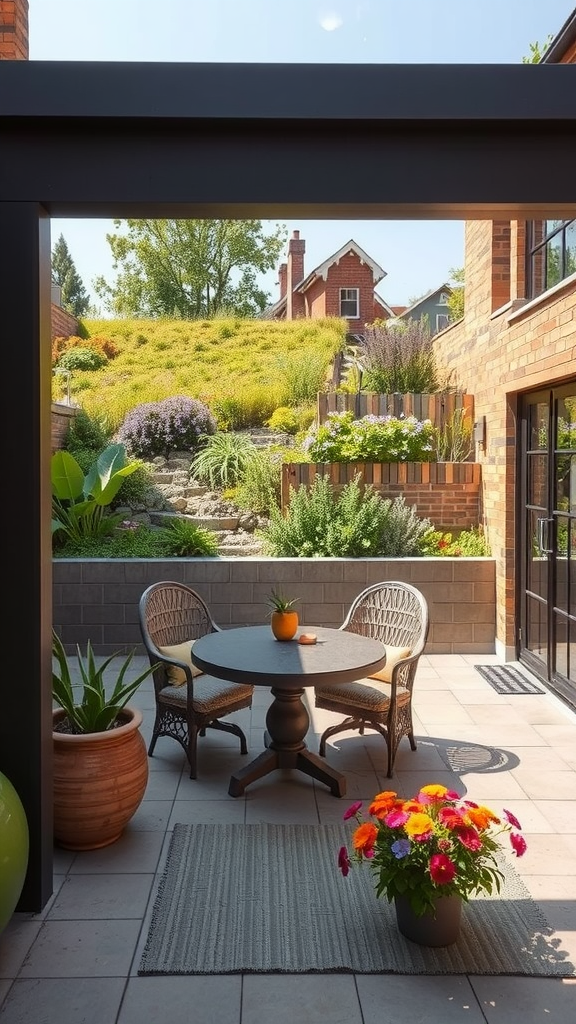 A view of a green roof with various native plants and a cozy patio area.