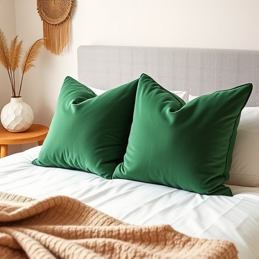 Two green velvet throw pillows on a bed with a cozy blanket and decorative vase.