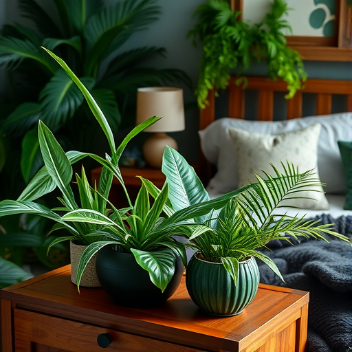 A cozy bedroom corner with various planters filled with green plants, a bedside table, and a warm lamp.