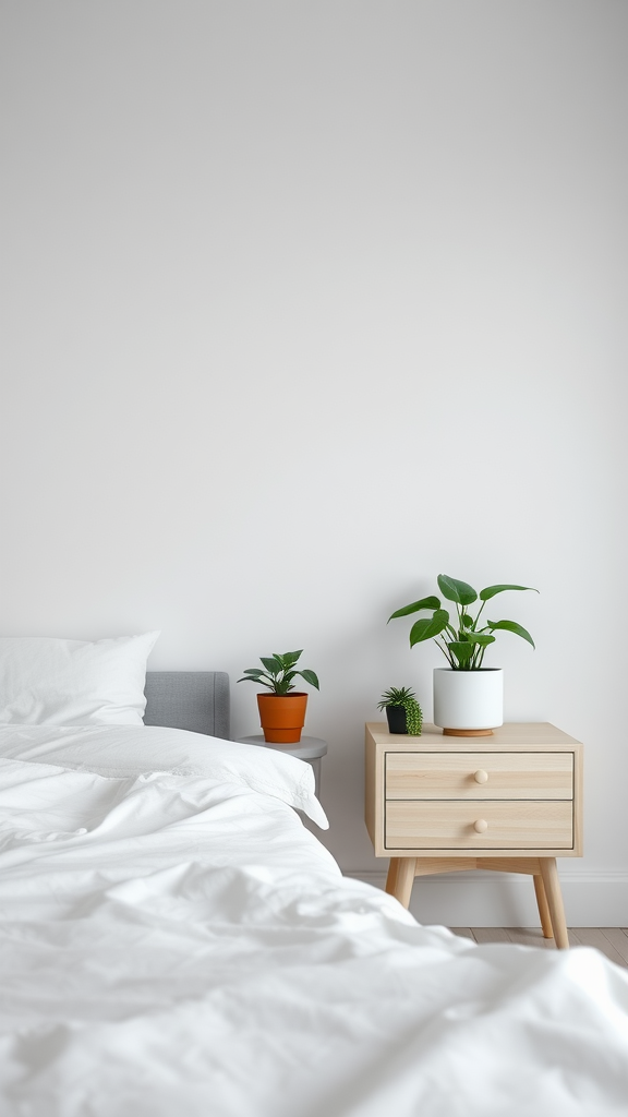 Minimalist bedroom with plants on a nightstand