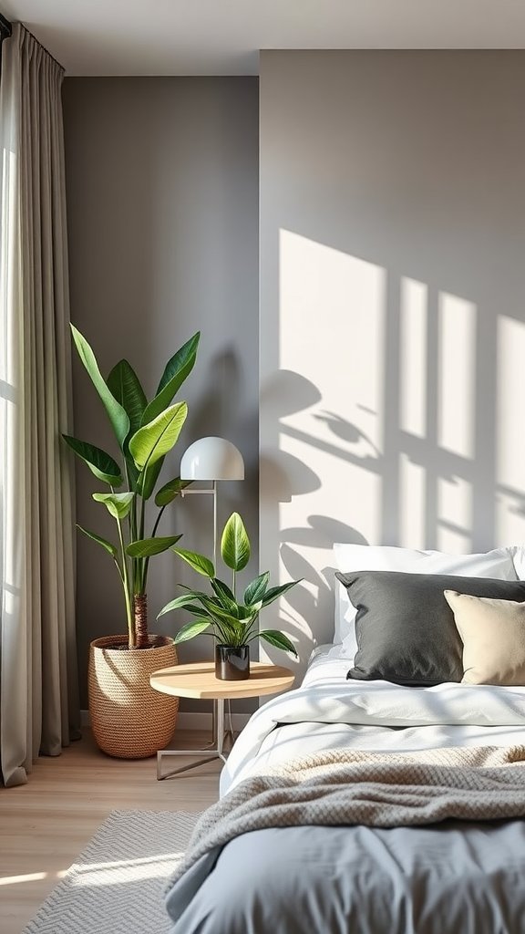 Cozy modern bedroom with neutral decor and plants