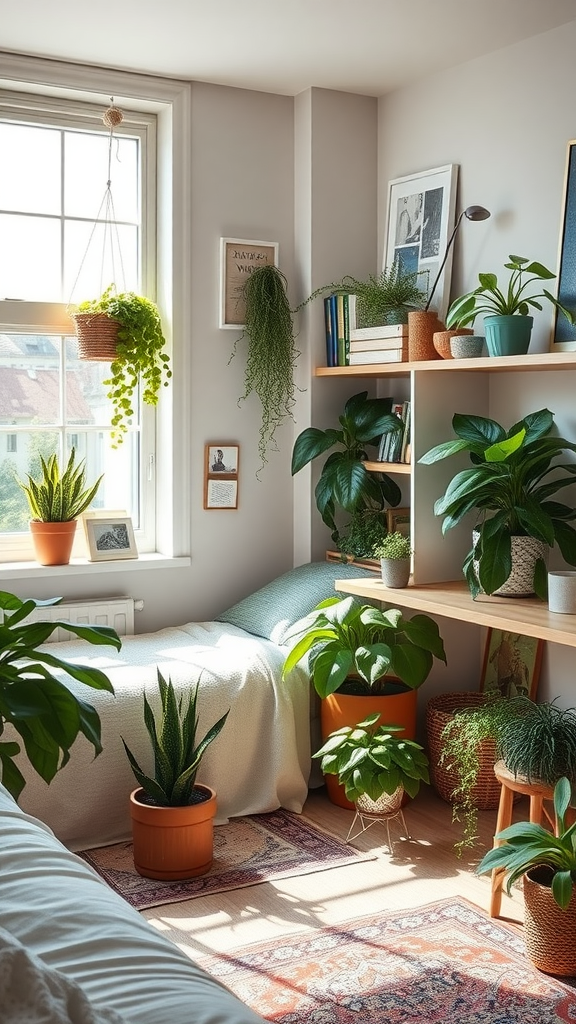 A cozy dorm room filled with various plants, a bed, and a window letting in natural light.