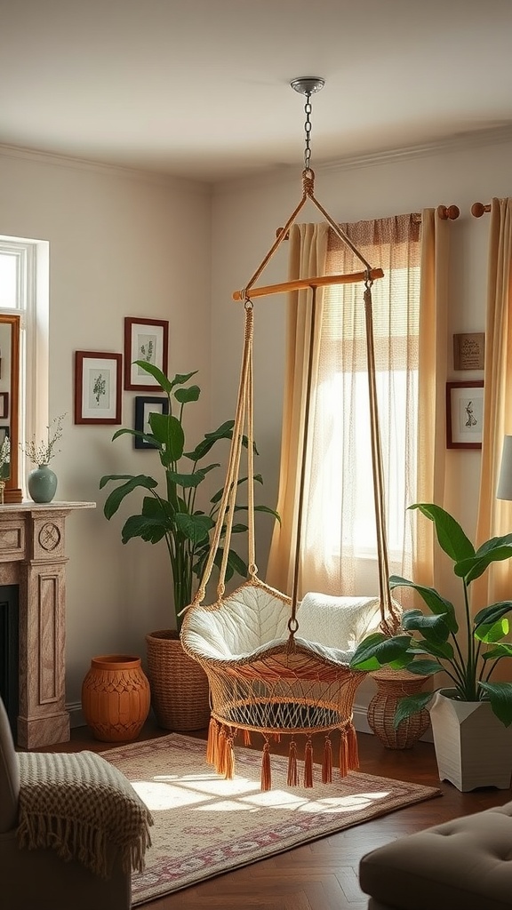 A stylish hammock chair hanging in a rustic boho living room with plants and soft lighting.