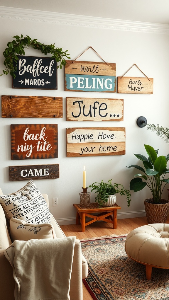 Wood signs with various messages and designs on a living room wall.