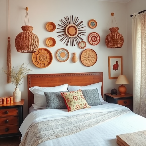 A cozy bedroom featuring handcrafted ceramics and decorative elements, creating a warm atmosphere.