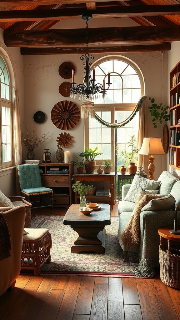 A vintage boho living room featuring handcrafted decor with a warm atmosphere.