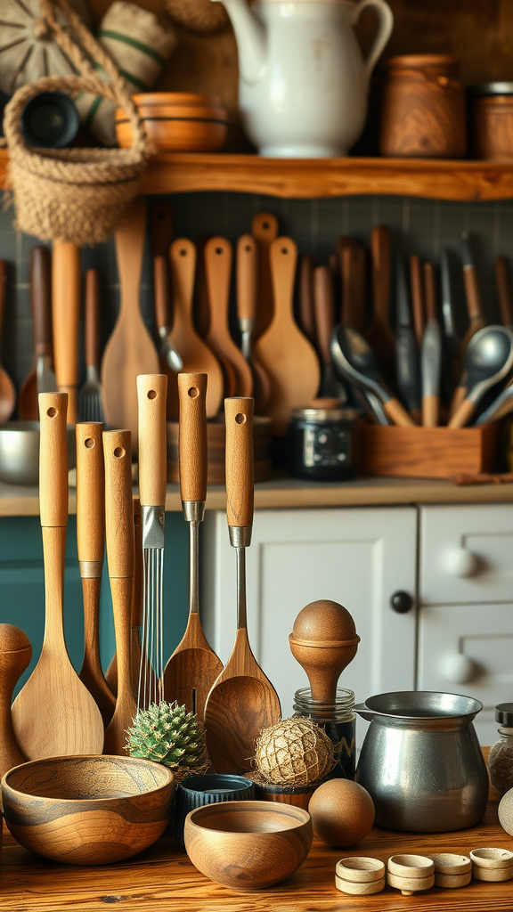 A collection of handcrafted wooden kitchen tools and bowls arranged on a rustic wooden table.