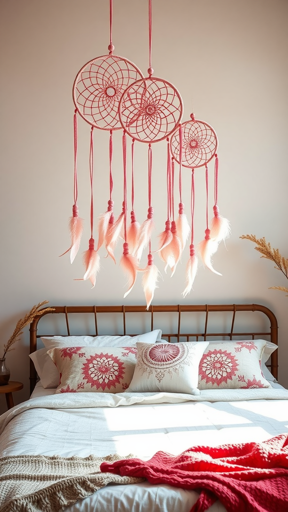 Three pink dreamcatchers hanging above a bed with decorative pillows.