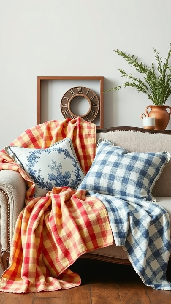 A cozy living room scene featuring a sofa adorned with checkered and floral patterned throw blankets and cushions.