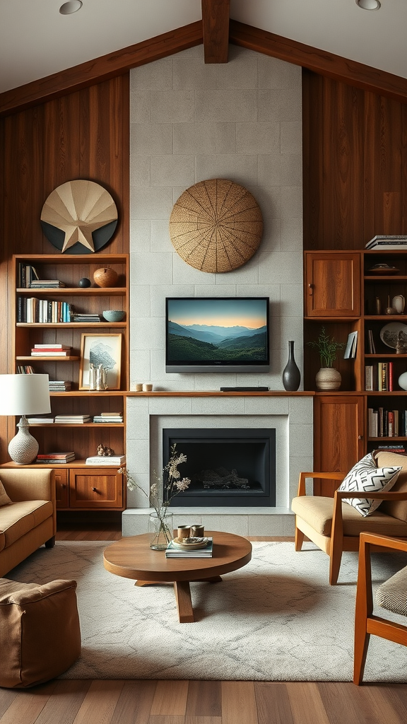 Cozy cottage living room with handcrafted wood accents and shelves