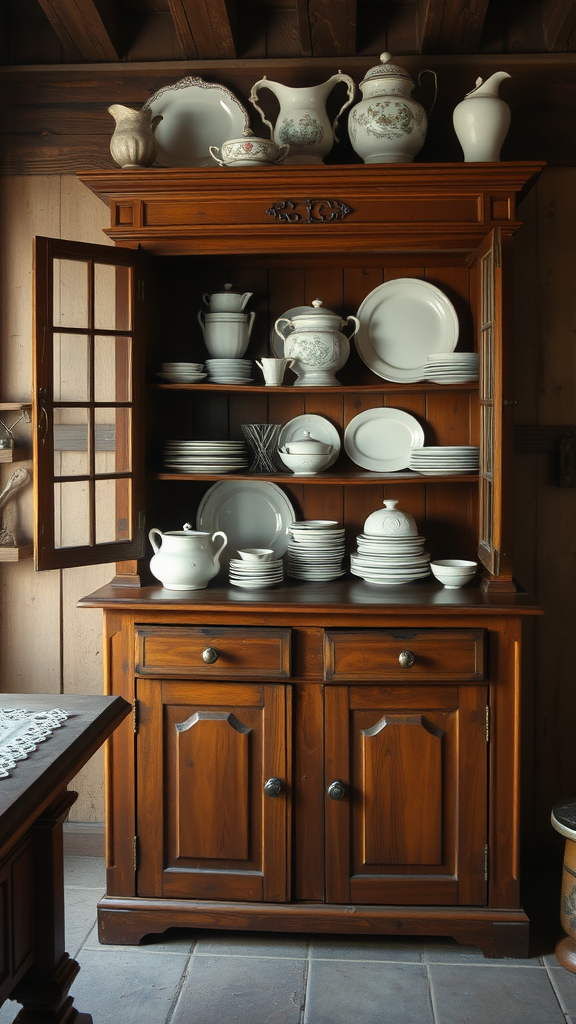 A handcrafted wooden cabinet displaying various dishware in an old-world kitchen setting.