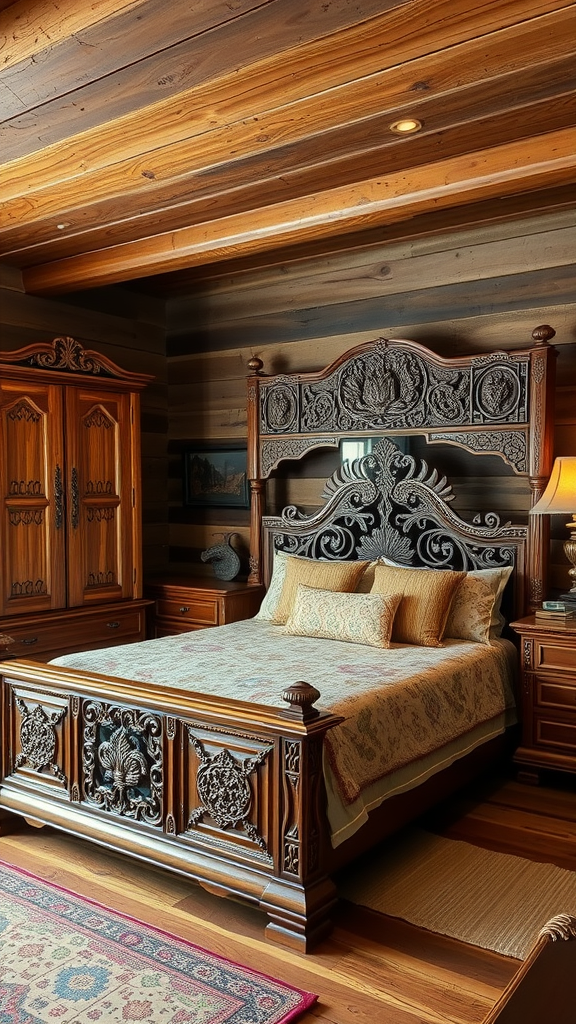 A beautifully furnished bedroom with handcrafted wooden furniture, featuring an ornate bed and matching wardrobe.