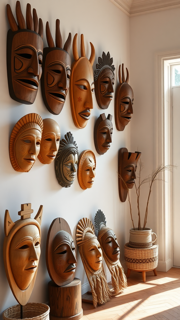 A collection of handcrafted wooden masks displayed on a wall, showcasing intricate designs and natural wood tones.