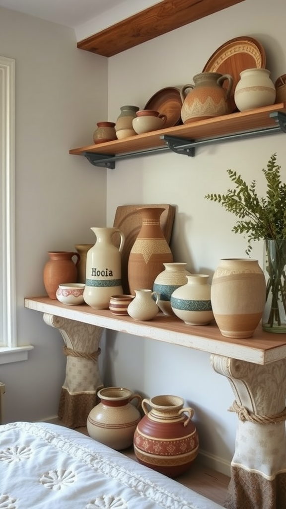 A collection of handmade pottery displayed on a wooden shelf.