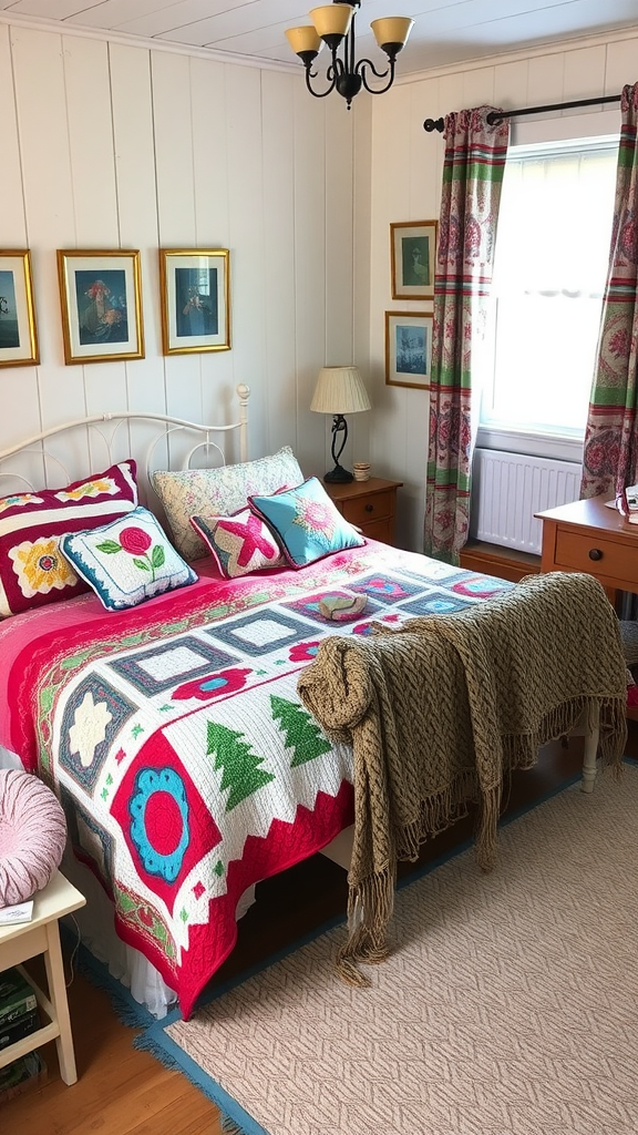 A cozy bedroom with a colorful handmade quilt and throws on the bed, showcasing vintage country cottage decor.