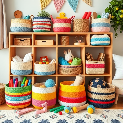 Colorful handmade storage baskets arranged on a shelf.