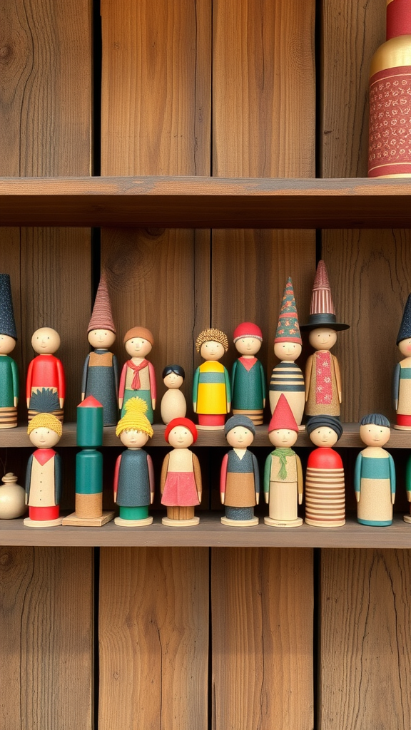 Colorful handmade wooden folk art figurines displayed on a wooden shelf.